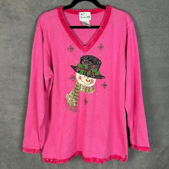 Quacker Factory Sweater Womens Large Pink Snowman Holiday Sequin Christmas - Picture 1 of 11